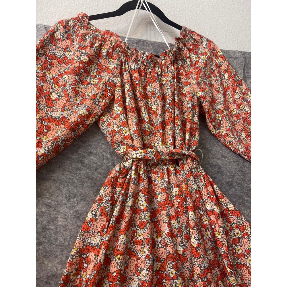 LOFT Outlet Orange Red Floral Long Sleeve Mini Dress Belted Size 2 - Picture 13 of 15